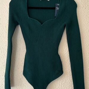 Green Ribbed Long Sleeve Bodysuit